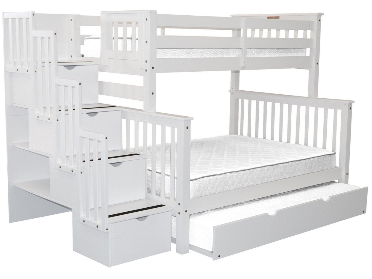 Bedz King Stairway Bunk Beds Twin over Full with 4 Drawers in the Steps and a Twin Trundle, White Bedz King