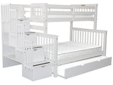Bedz King Stairway Bunk Beds Twin over Full with 4 Drawers in the Steps and a Twin Trundle, White Bedz King
