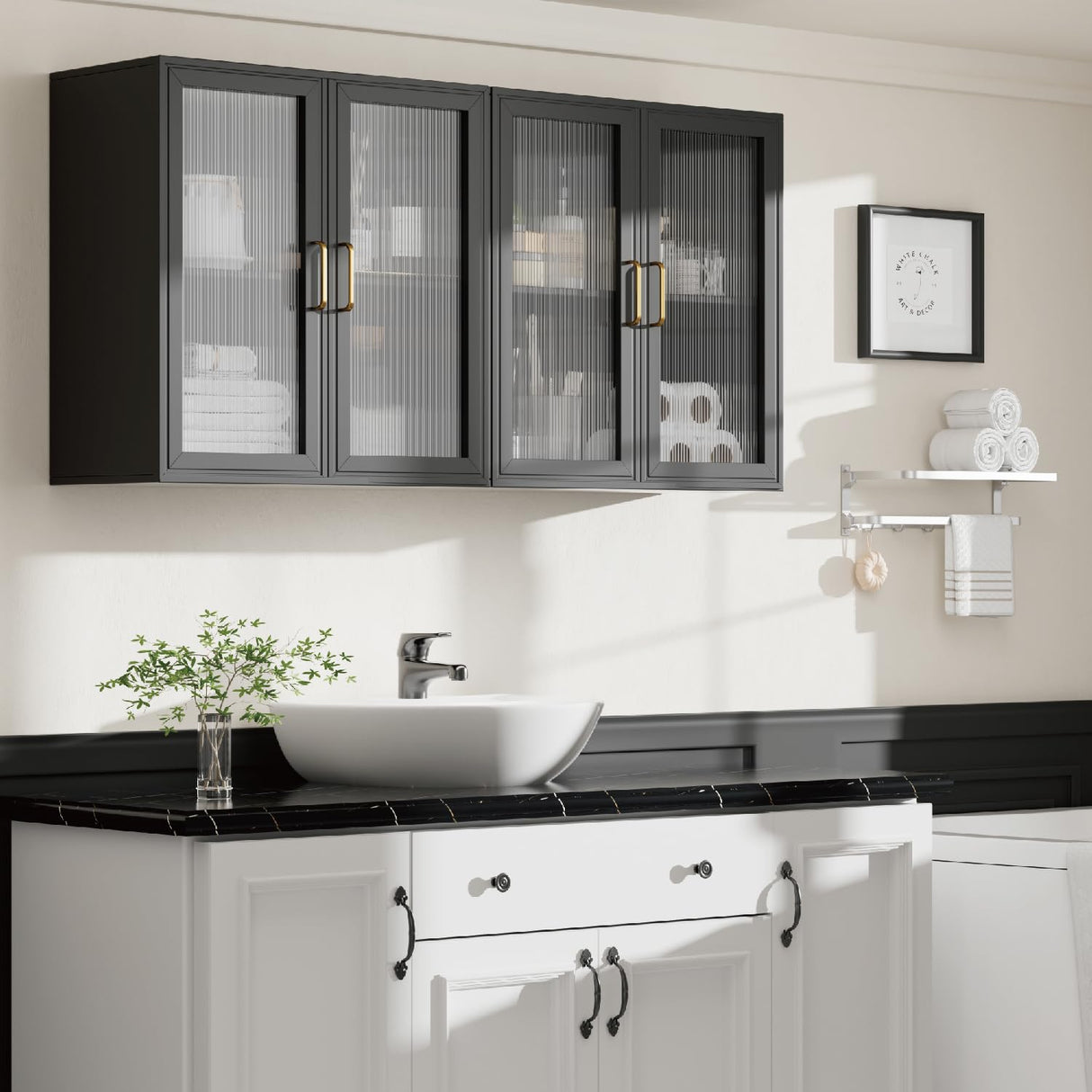 Furnaza LED Wall Storage Cabinets - Upper Kitchen Cabinets Laundry Wall Mounted Cabinets with 4 Acrylic Glass Doors and Shelf, in Black Furnaza