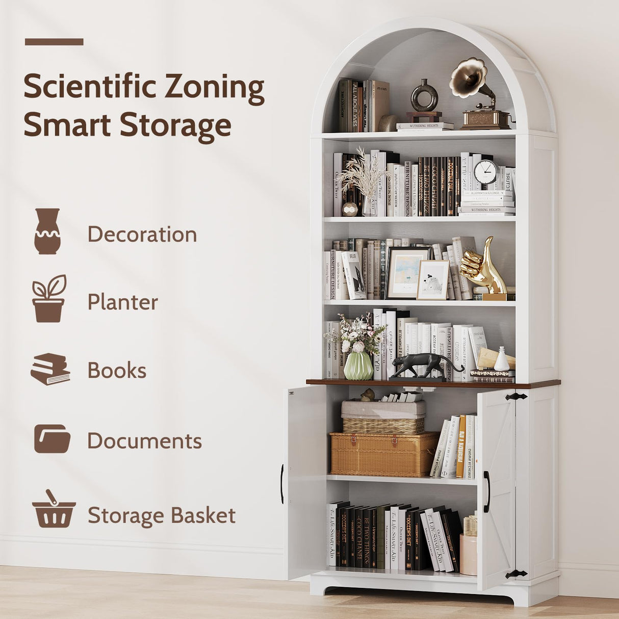 Vividwood 6-Tier Farmhouse Arched Bookshelf Bookcase with Doors, 70" Tall Storage Cabinet and Display Shelves, Open Shelves for Living Room or Office, White Vividwood