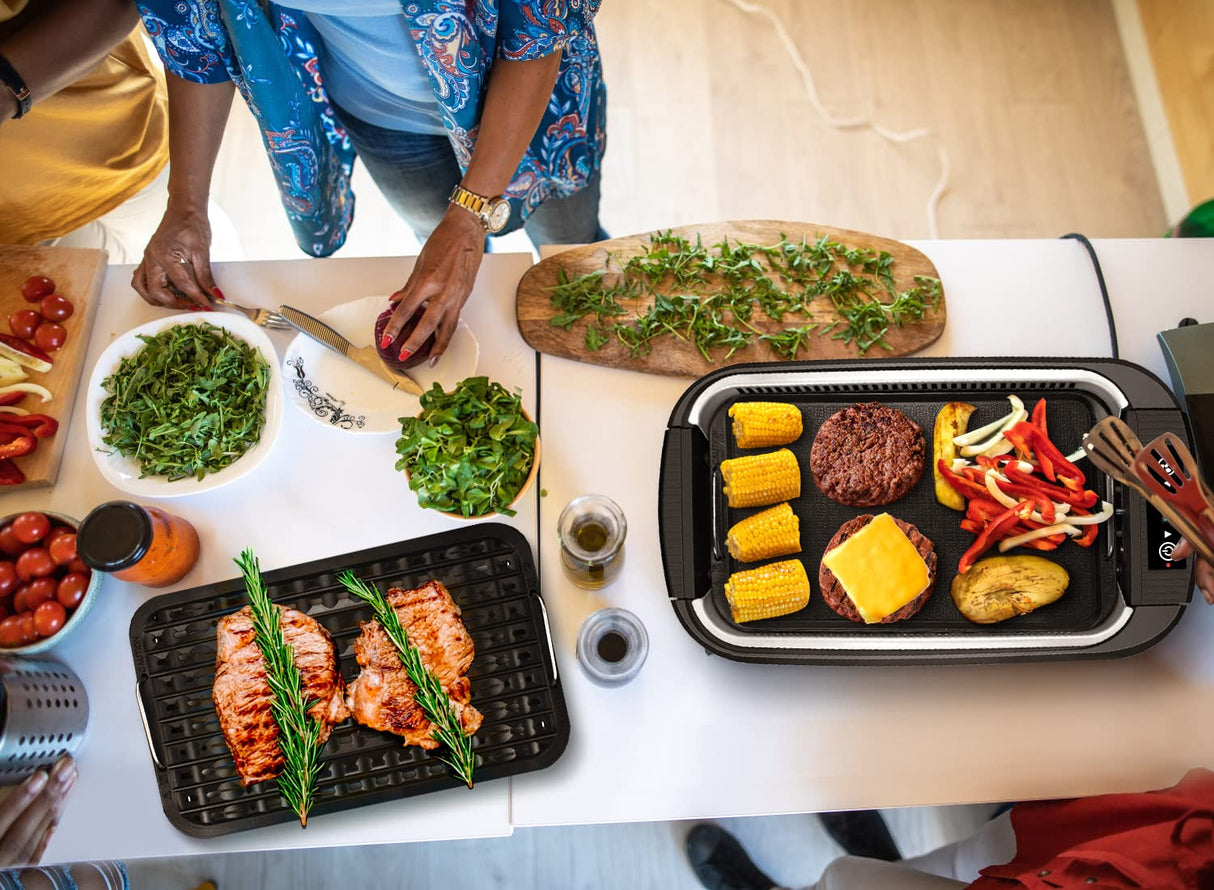 Indoor Grill, CUSIMAX Smokeless Grill Indoor, 1500W Electric Grill Griddle Korean BBQ Grill with LED Smart Display & Tempered Glass Lid, Non-stick Removable Grill Plate & Griddle Plate, Black CUSIMAX