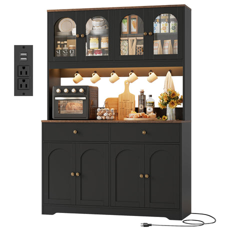 HIFIT 71" LED Kitchen Pantry Cabinet with Power Outlet, Large Kitchen Hutch Storage Cabinet with Arched Door & Shelves & 2 Drawers, Tall Farmhouse Coffee Bar w/Hutch for Home Dining Living Room, Black HIFIT