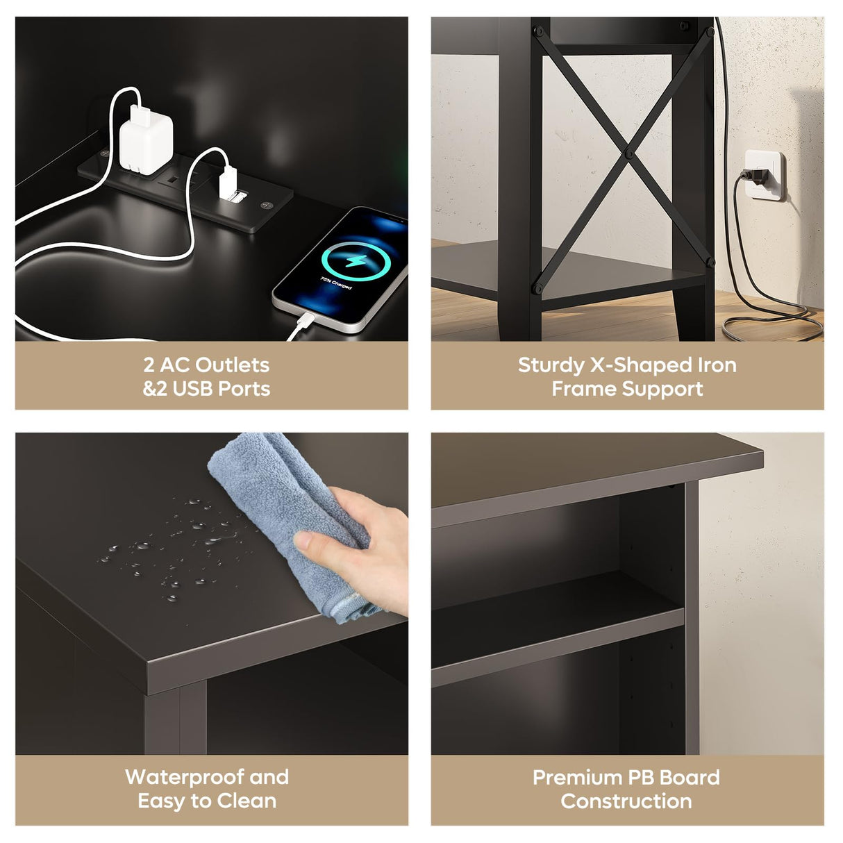 Bestier Tall Nightstand with Charging Station Set of 2, Bedside Table with Storage Cabinet & Shelves, Tall Side End Table for Bedroom, Black Bestier