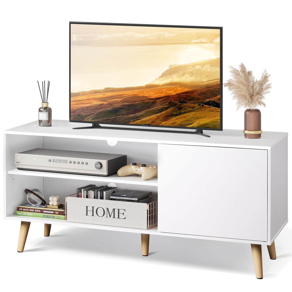 WLIVE TV Stand for 55 Inch TVs, Entertainment Center with Storage Cabinet, Mid-Century TV Stands for Living Room and Bedroom, 50" TV Console, White WLIVE