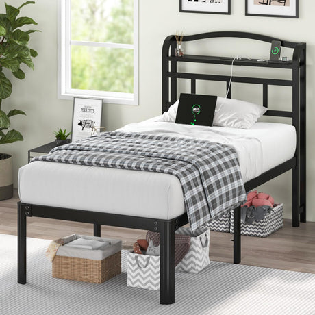 QEROMY Twin Size Bed Frame - Storage Headboard with Charging Station, Easy Assembly, 18 inch Heavy Duty Metal Platform Bed Frame No Box Spring Needed, Black QEROMY