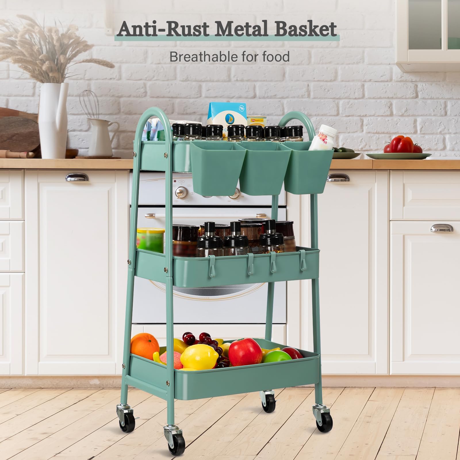 danpinera 3-Tier Rolling Cart, Metal Rolling Storage Cart with Lockable Wheels & Hanging Cups & Hooks, Mobile Trolley Cart for Kitchen, Bathroom, Office, Workshop, Green - WoodArtSupply