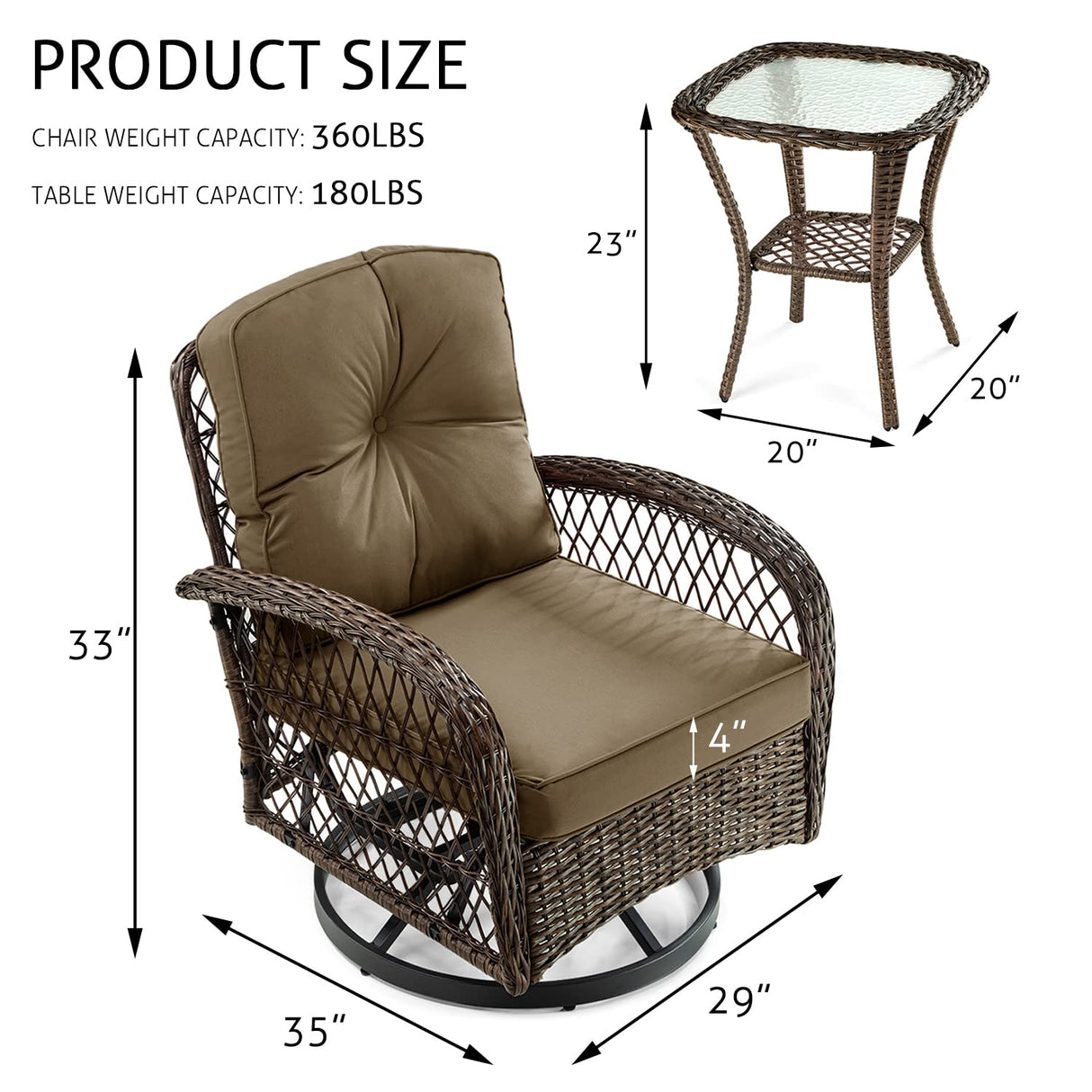 SHA CERLIN 3 Pieces Patio Furniture Set, Outdoor Swivel Glider Rocker, Wicker Patio Bistro Set with Rocking Chair, Cushions and Table (Khaki) SHA CERLIN