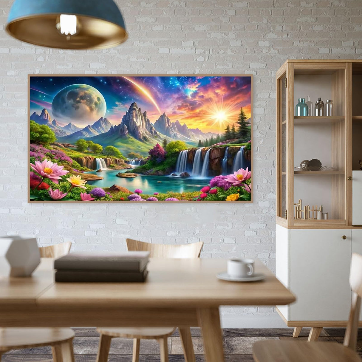 large diamond art kits for adults,Landscape Spring Diamond Painting for Adults Beginner,DIY Moon Sun Mountain Waterfall Painting with Full Drill Diamond Art and Crafts Home Wall Decor 27.5 X 15.7inch pchmcu
