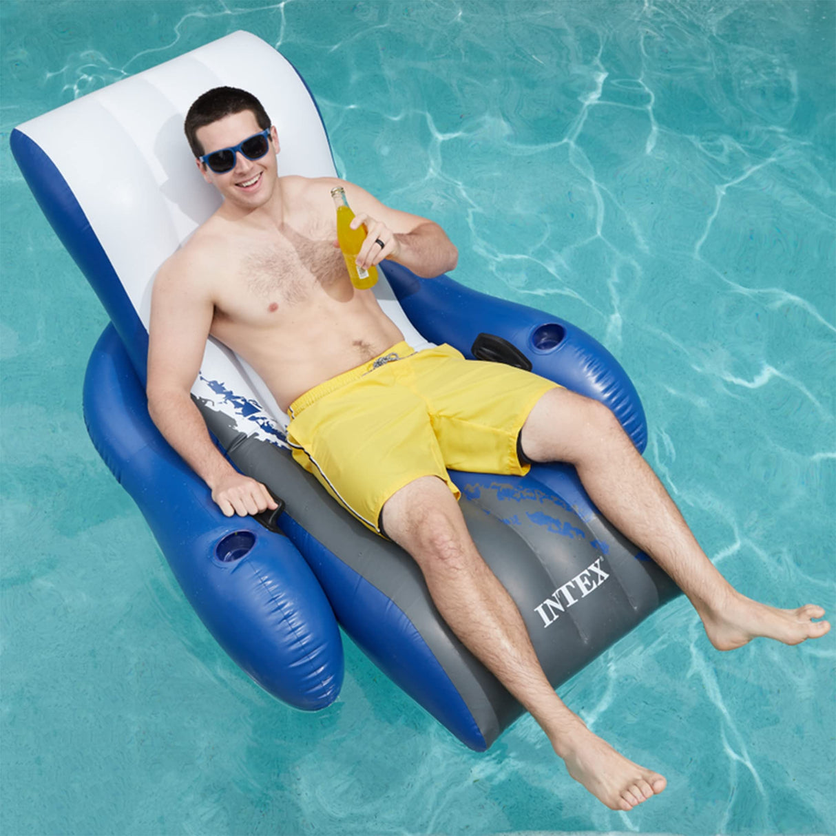 Intex Inflatable Lounge Pool Recliner Lounger Chair with Cup Holders - Heavy-Duty Float Raft for Adults, 220 Lb Capacity Large Floating Tanning Chair Intex
