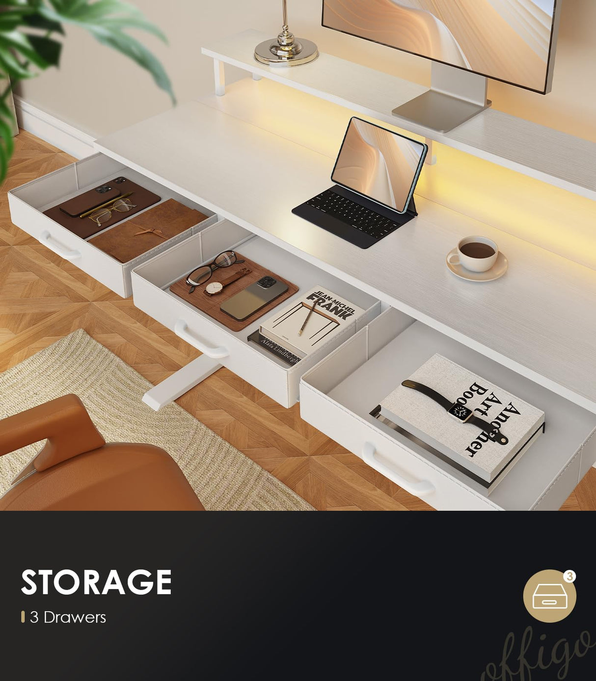 OffiGo Electric Standing Desk with Drawers, 63 Inch Height Adjustable Desk with Power Outlets & LED Lights, Sit Stand Table with Monitor Stand for Home, Office, Workstation, White OffiGo