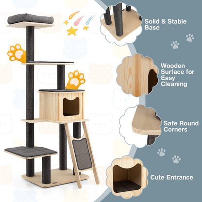 PETSITE 69" Tall Wooden Cat Tree Tower, Modern Cat Activity Center Tree with Sisal Posts & Scratch Board, Condo & Top Perch for Kitchen & Large Cat, Grey - WoodArtSupply