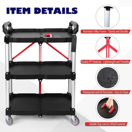 Folding Service Cart Heavy Duty 176 LBS w/ 360° Swivel Wheels Ergonomic Red Handle Foldable Utility Cart for Office Garage Home Kitchen Storage Collapsible Tool Cart COZONY