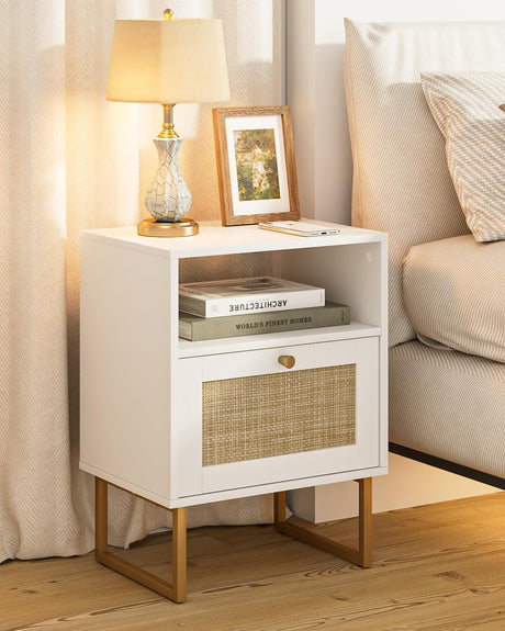 Apetaccat Rattan Nightstand, Boho Night Stand Farmhouse Wood Bedside Table with Storage and Open Shelf, End Side Accent Table for Bedroom,Living Room,White Apetaccat
