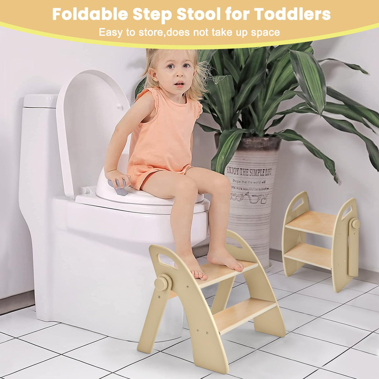 Reeple Wooden Step Stool, 300 lb. Load Capacity, with Safety Non-Slip Pads and Handles, Bamboo Step Stool for Bathroom and Kitchen, Children's Double Height(Log Color) Reeple