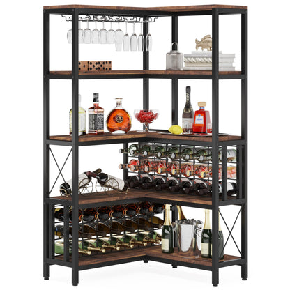 Tribesigns Large Corner Wine Rack, 5-Tier L Shaped Industrial Freestanding Floor Bar Cabinets for Liquor and Glasses Storage, Wooden Wine Bottle Holder Shelf for Home Kitchen (Rustic Brown) - WoodArtSupply