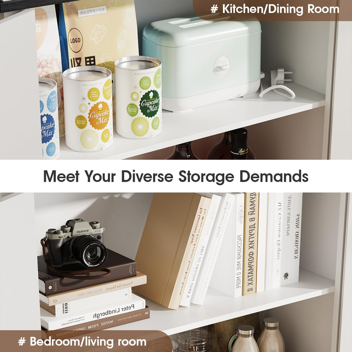 Fameill Farmhouse 71" Tall Kitchen Pantry Storage Cabinet with LED & Charging Station, Modern 4 Doors & Adjustable Shelves for Pantry Living Room Storage Hutch Cabinet, Free Standing Cabinet White Fameill