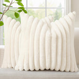 decorUhome Faux Fur Christmas Throw Pillow Covers 18x18 Set of 2, Decorative Soft Plush Striped Neutral Couch Euro Pillow Covers with Velvet Back for Sofa, Bed, Living Room Home Decor, Cream White decorUhome