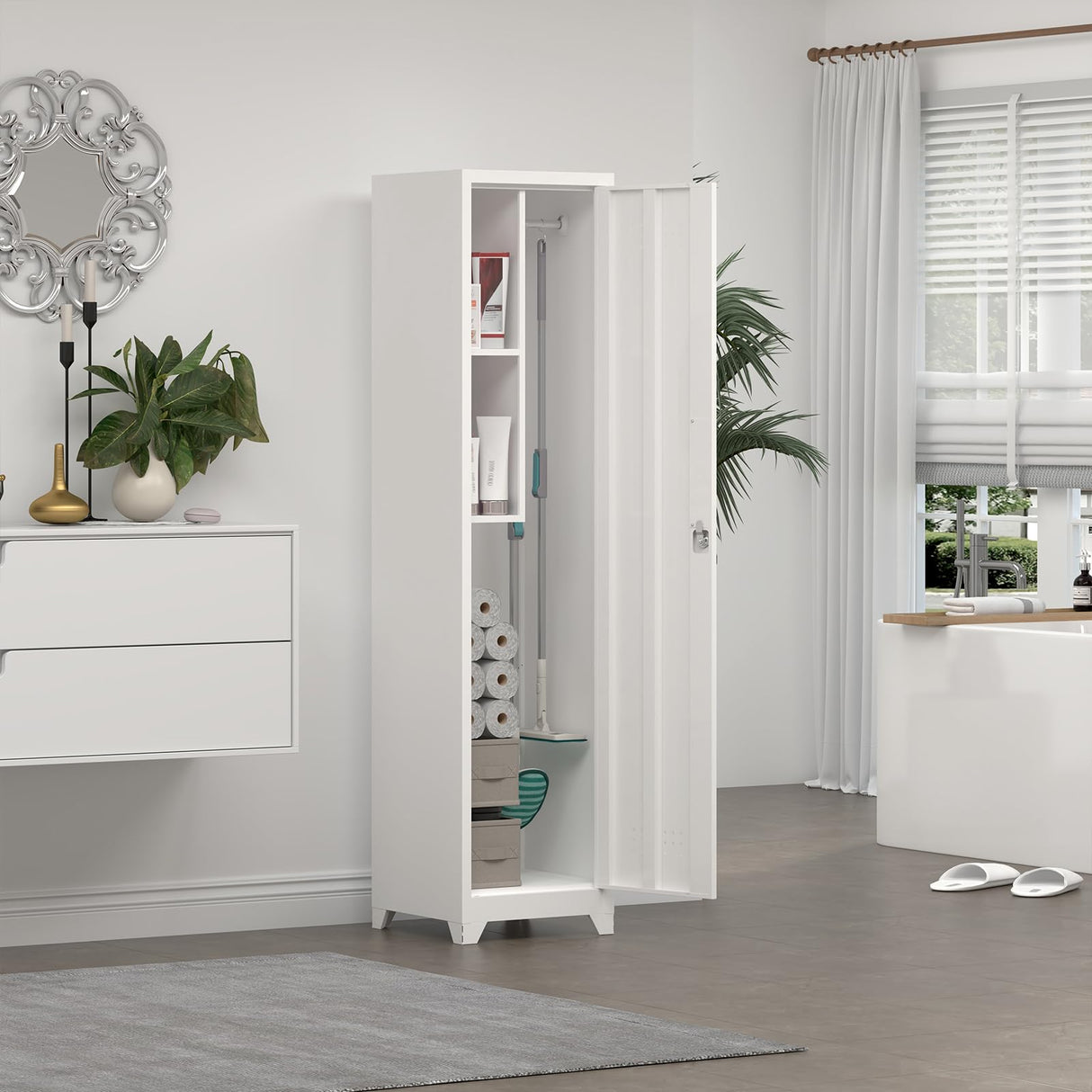 STEELIST Slim Broom Storage Cabinets, Metal Cabinet with Shelves and Hanging Rod, 65" Utility Storage Cabinet with Locking Door, Tall Cleaning Cabinets for Kitchen, Pantry, Office, Shop, Garage STEELIST