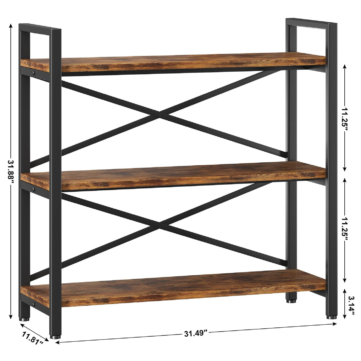 Homeiju 3 Tier Bookshelf 31.49" Width, Wood and Metal Etagere Bookcase, Vintage Farmhouse Modern Wooden Big Book Shelf for Home Living Room Bedroom Office Storage(Rustic Brown) Homeiju