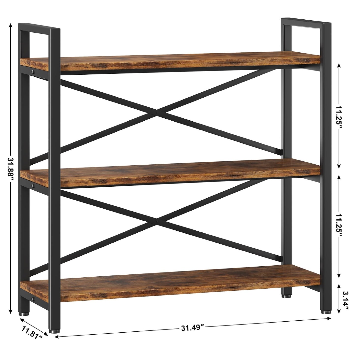 Homeiju 3 Tier Bookshelf 31.49" Width, Wood and Metal Etagere Bookcase, Vintage Farmhouse Modern Wooden Big Book Shelf for Home Living Room Bedroom Office Storage(Rustic Brown) - WoodArtSupply