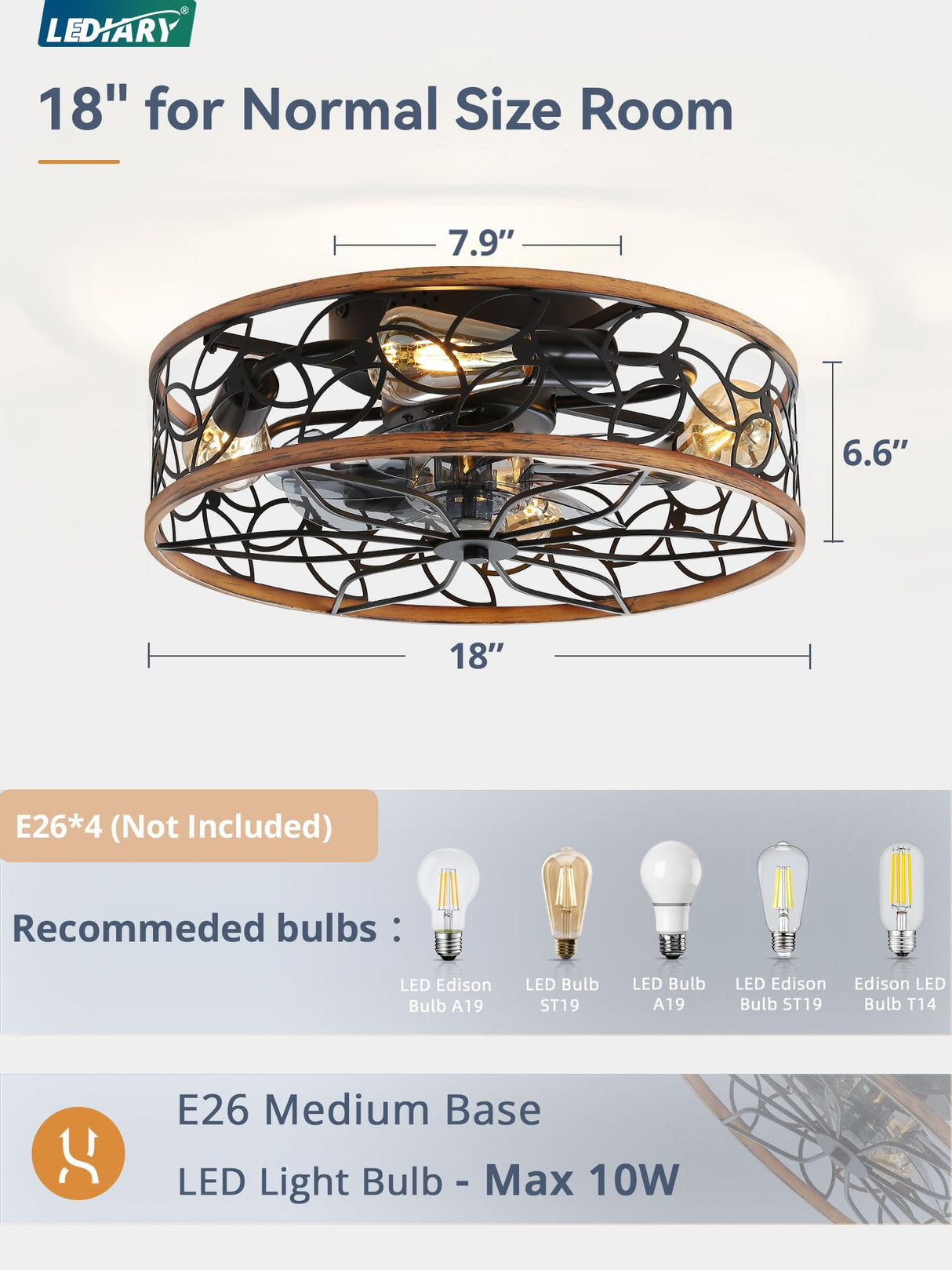 LEDIARY Caged Ceiling Fans with Lights, Farmhouse Flush Mount Ceiling Fan with Remote, Black&Walnut Low Profile Ceiling Fan Light Fixture for Bedroom, Kitchen, Dining Room. LEDIARY