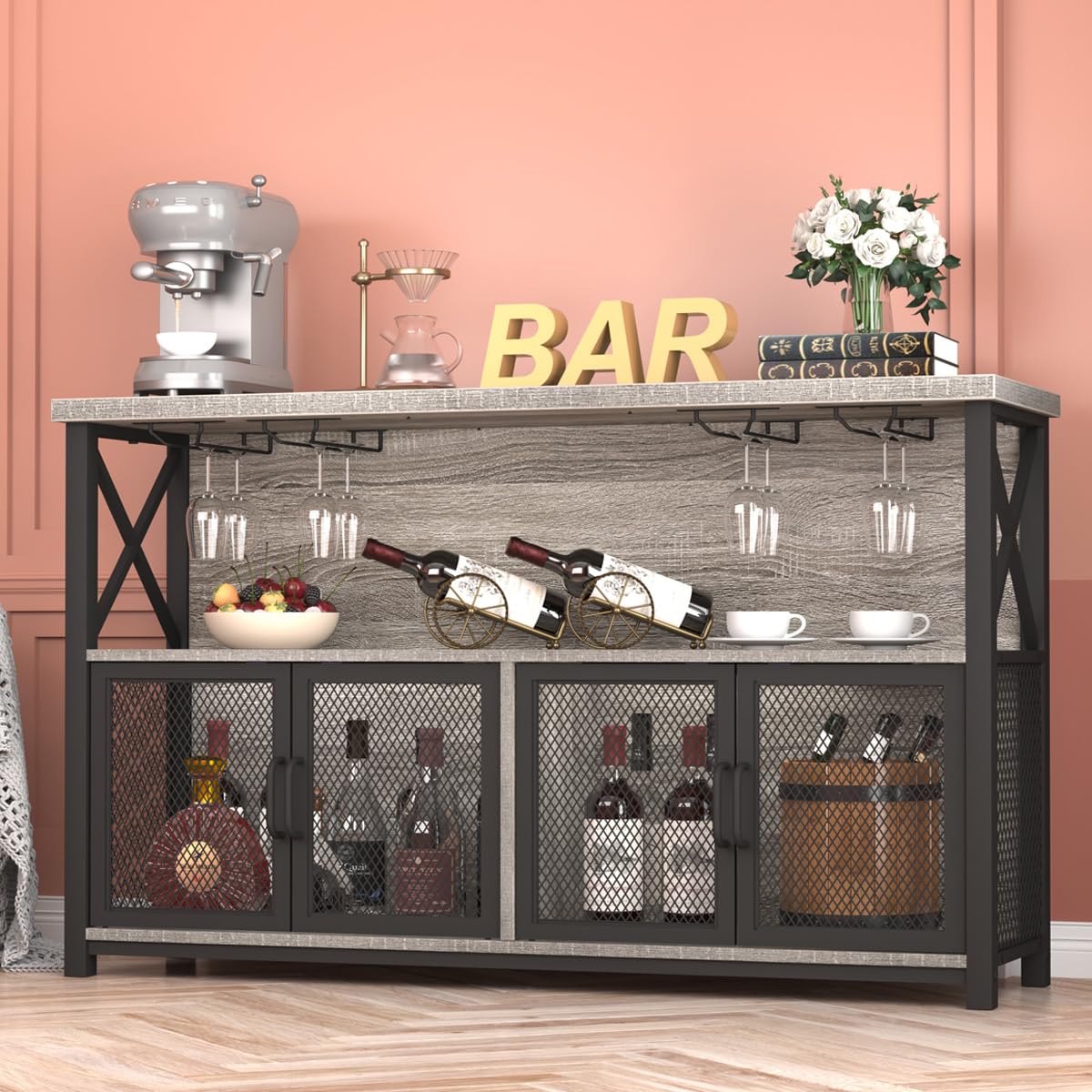 LVB Liquor Home/ Coffee Bar Cabinet, Industrial Farmhouse Modern Sideboard Buffet Cabinet for liquor and glasses with Wine Rack Storage for Kitchen Dining Living Room, Light Grey Oak 47 in LVB