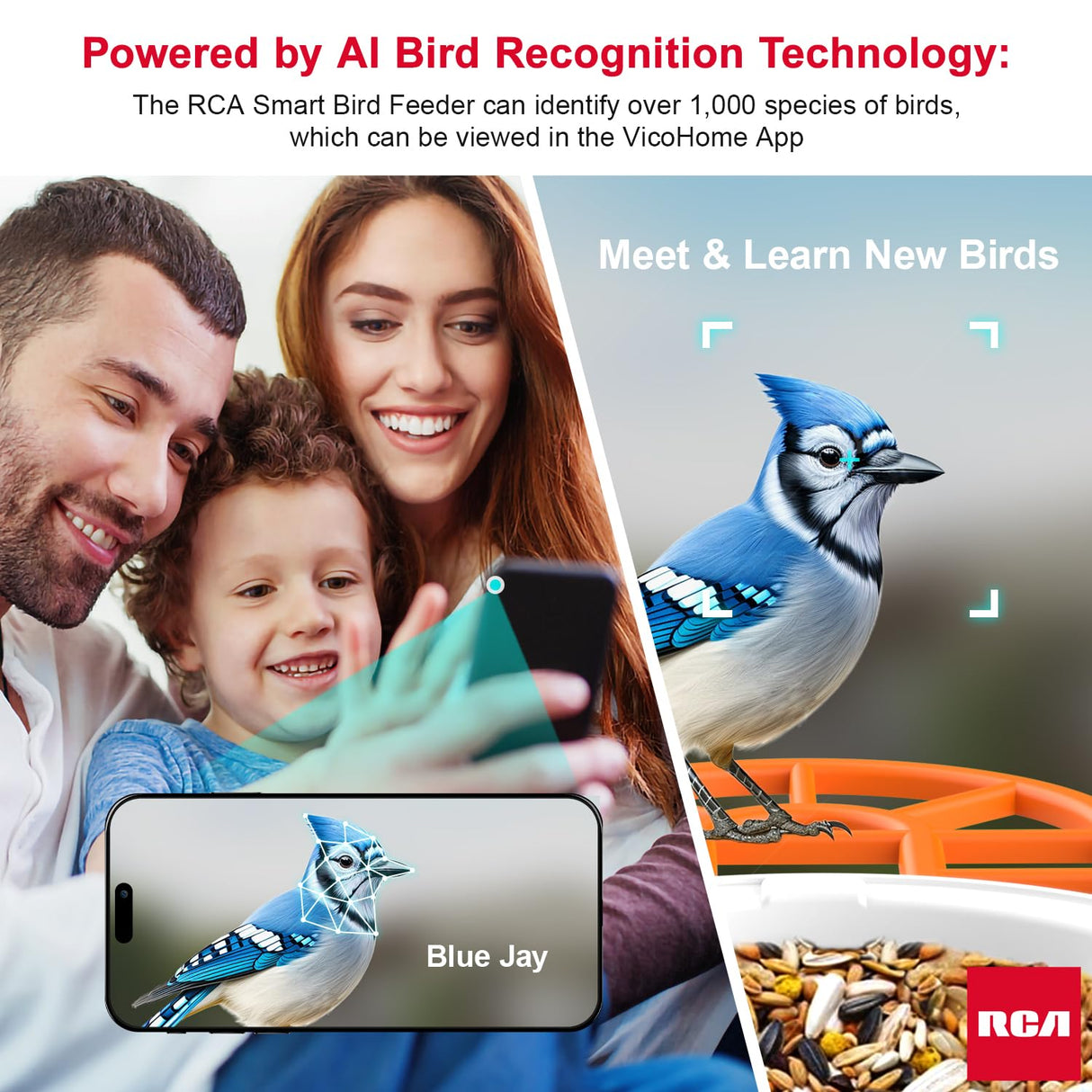 RCA Smart Bird Feeder with HD Camera – AI Bird Recognition Technology, Infrared Night Vision, Solar Powered, Two-Way Audio, Waterproof/Dustproof, WiFi-Enabled, Cloud Storage, App-Control RCA