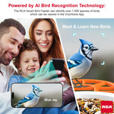 RCA Smart Bird Feeder with HD Camera – AI Bird Recognition Technology, Infrared Night Vision, Solar Powered, Two-Way Audio, Waterproof/Dustproof, WiFi-Enabled, Cloud Storage, App-Control RCA