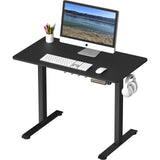 SHW Small Electric Height Adjustable Sit Stand Desk with Hanging Hooks and Cable Management, 40 x 22 Inches, BlackFrame and Black Top SHW