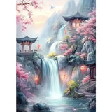 MXJSUA DIY Waterfall Diamond Painting Kits for Adults, Pavilion Scenery Diamond Gem Art Painting for Beginners, Diamond Picture with Full Round Drill Dots Craft Set Gift, 12 * 16 Inch MXJSUA