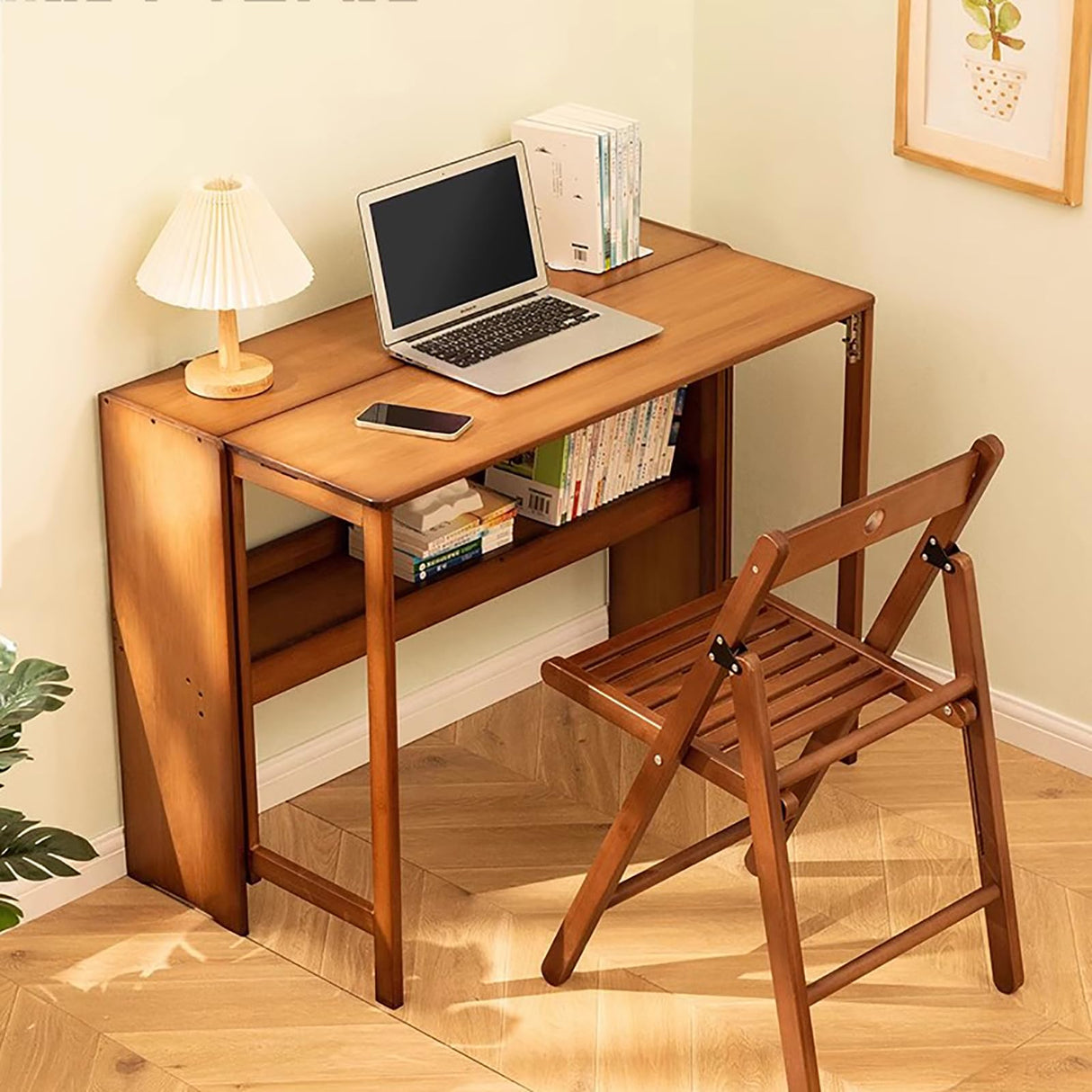 Lebolna Collapsible Desk for Small Spaces,Bamboo Folding Writng Working Computer Desk,Expandable Design with Shelves,Rustic Foldable Desk Table Home Office Fold Up Desk(33" W, Brown) Lebolna