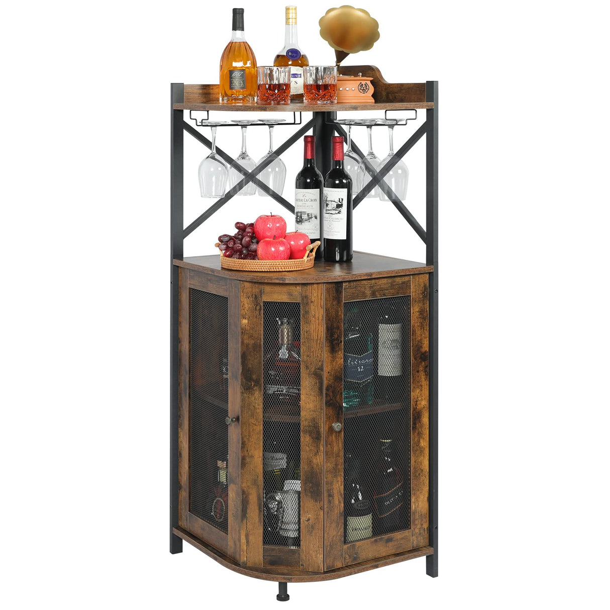 JKsmart Corner Bar Cabinet with Glass Holder, Industrial Wine Cabinet with Mesh Door, Liquor Bar Cabinet with Adjustable Shelf, Home Bar for Liquor and Wine Storage, Rustic Brown JKsmart