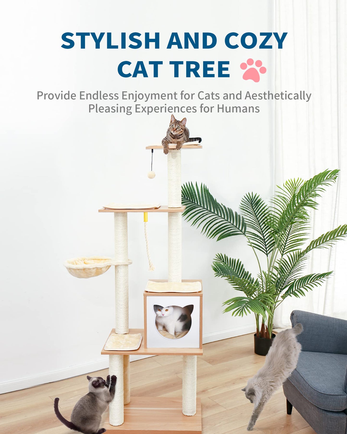 Made4Pets Cat Tree, Modern Cat Tree Tower for Indoor Cats - 65" Tall Wood Condo with Hammock, Scratching Post and Removable Pads for Small Large Cats