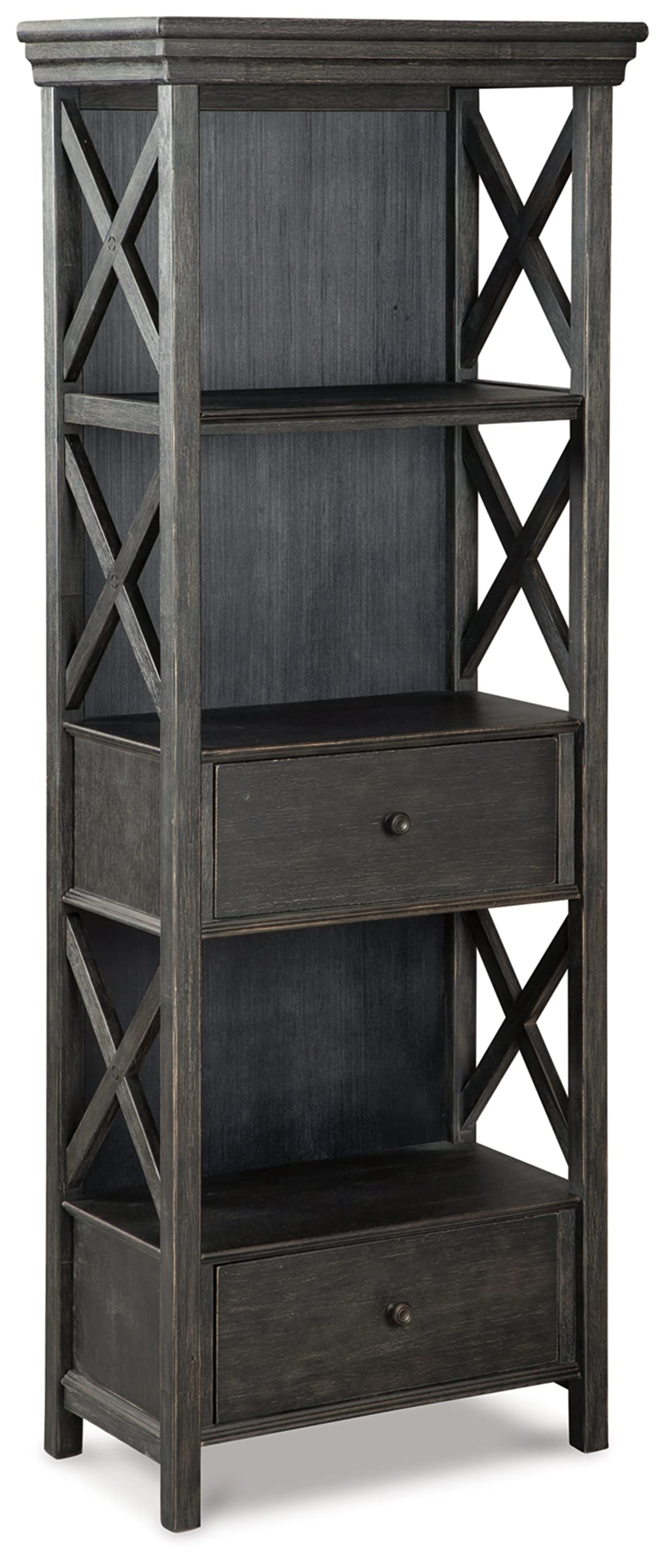 Signature Design by Ashley Tyler Creek Casual Farmhouse 75" Display Cabinet or Bookcase with Drawers and Shelf, Open Lattice Sides, Wood, Gray Black Finish Signature Design by Ashley