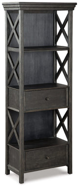 Signature Design by Ashley Tyler Creek Casual Farmhouse 75" Display Cabinet or Bookcase with Drawers and Shelf, Open Lattice Sides, Wood, Gray Black Finish Signature Design by Ashley
