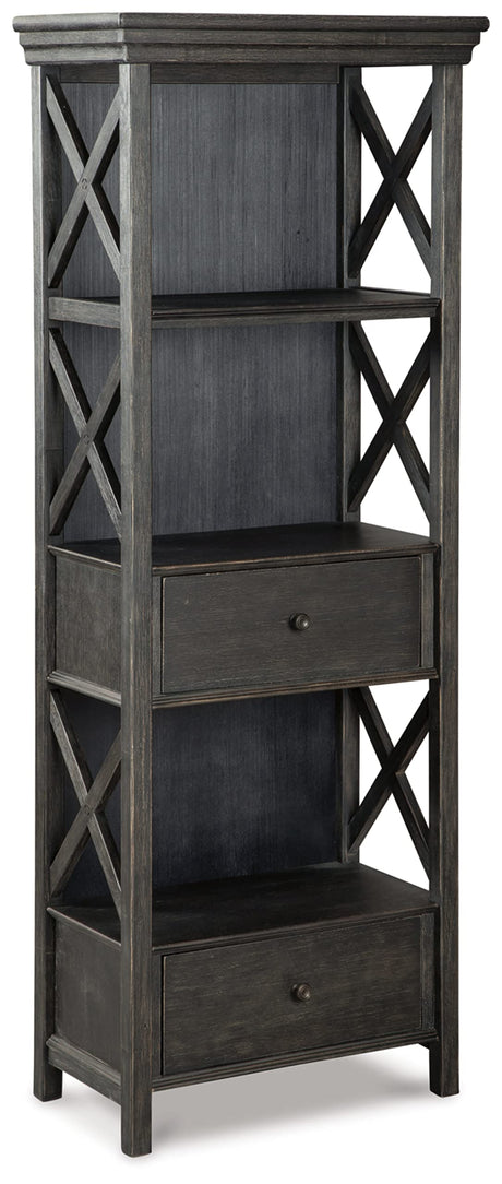 Signature Design by Ashley Tyler Creek Casual Farmhouse 75" Display Cabinet or Bookcase with Drawers and Shelf, Open Lattice Sides, Wood, Gray Black Finish Signature Design by Ashley