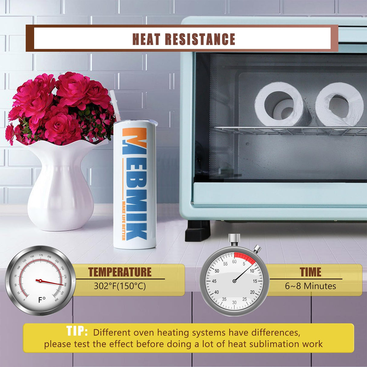 MEBMIK 2 Rolls 10mm x 33m(108ft) Heat Transfer Tape and 50pcs 5 x 10in Shrink Wrap for Sublimation Tumblers,Heat Resistant Tape,Sublimation Shrink Wrap Sleeves,Tumbler Shrink Wrap,20oz MEBMIK