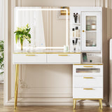 Chrangmay 47.24" Big Modern Vanity Desk with Mirror and Lights,Makeup Vanity Desk with 5 Drawers and Storage Shelves & Power Outlet,Dressing Table with Glass Top, White Chrangmay