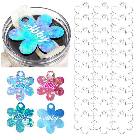 ToBeAce 30 Pcs Sublimation Hardboard Name Plate Blanks Topper for Stanley Tumblers 30 20 oz Cup Lid H2.0, MDF Personalized Name Tag for Customized Tumblers with Handle, Rectangle (Floral) ToBeAce