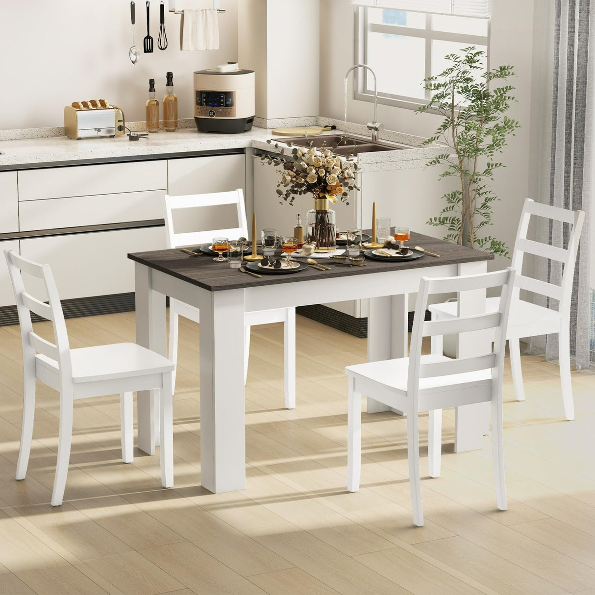 Giantex 5-Piece Wooden Dining Set, Modern Rectangular Dining Table & 4 High-Back Chairs, Dinette Set w/Rubber Wood Legs, Kitchen Furniture for Dining Room Kitchen Restaurant (Dark Grey+White) Giantex