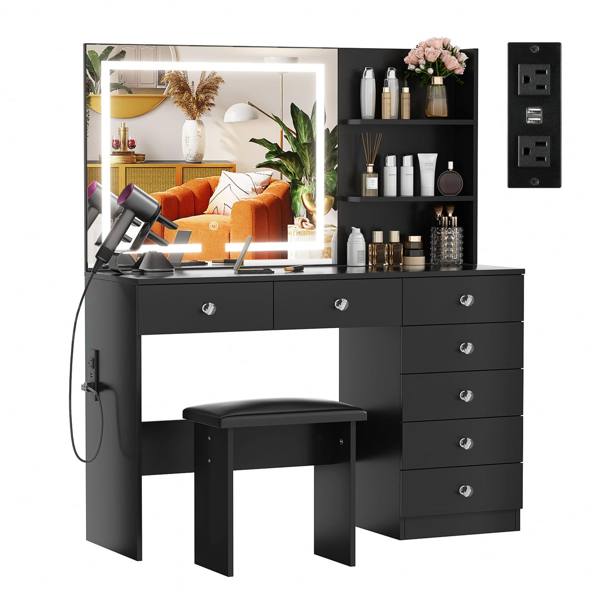 VOWNER Vanity with Lighted Mirror - 47" Makeup Vanity Desk with 7 Drawers, 3 Storage Shelves and Outlet, 3 Color Lighting Modes with Adjustable Brightness, Makeup Desk with Stool for Bedroom,Black VOWNER