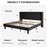 SHA CERLIN King Size Platform Bed Frame with Upholstered Headboard and Wingback, Button Tufted Design, Easy Assembly, No Box Spring Needed, Black SHA CERLIN