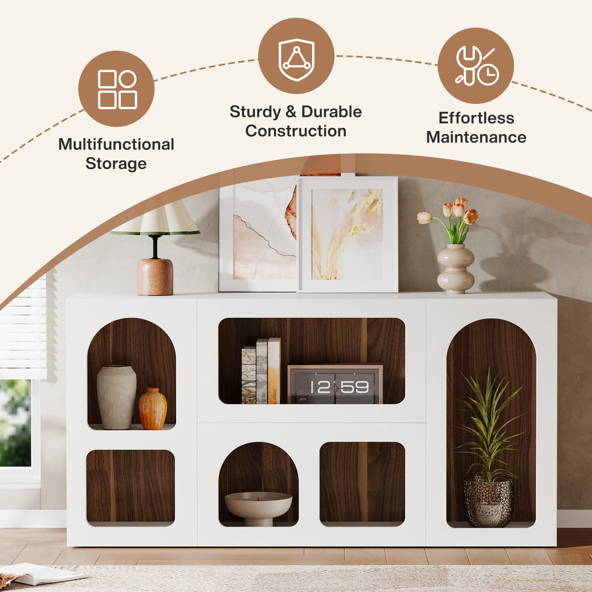 Tribesigns 59" White Console Table, Modern Entryway Table, Wooden Storage Organizer Entrance Table with 6 Compartments, Long Sofa Table, Behind Couch Table with Storage for Living Room, Hallway, Foyer Tribesigns
