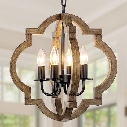 Farmhouse Orb Chandelier, Rustic Wood Chandelier for Dining Room, 4-Light Pendant Light for Kitchen Island Hallway Foyer Entryway Bedroom, Adjustable Height - WoodArtSupply