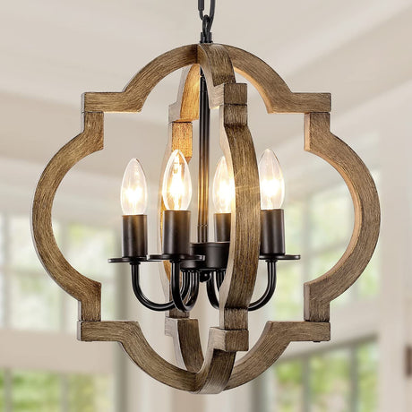 Farmhouse Orb Chandelier, Rustic Wood Chandelier for Dining Room, 4-Light Pendant Light for Kitchen Island Hallway Foyer Entryway Bedroom, Adjustable Height TOULMJ