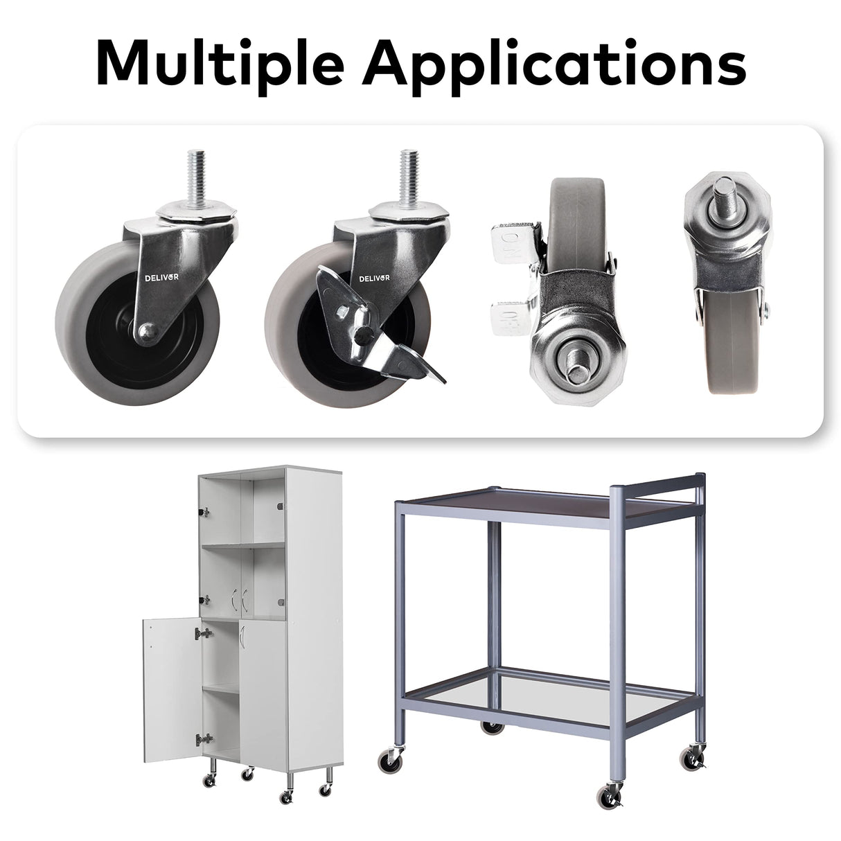 DELIVeR 3 Inch, Locking Swivel Caster Wheels, Set of 4,Heavy Duty with Nylon Nuts for Carts, Replacement Rubber Wheels, Threaded Stem 3/8”-16 x 1” Caster, 130 Lbs Per Caster DELIVeR