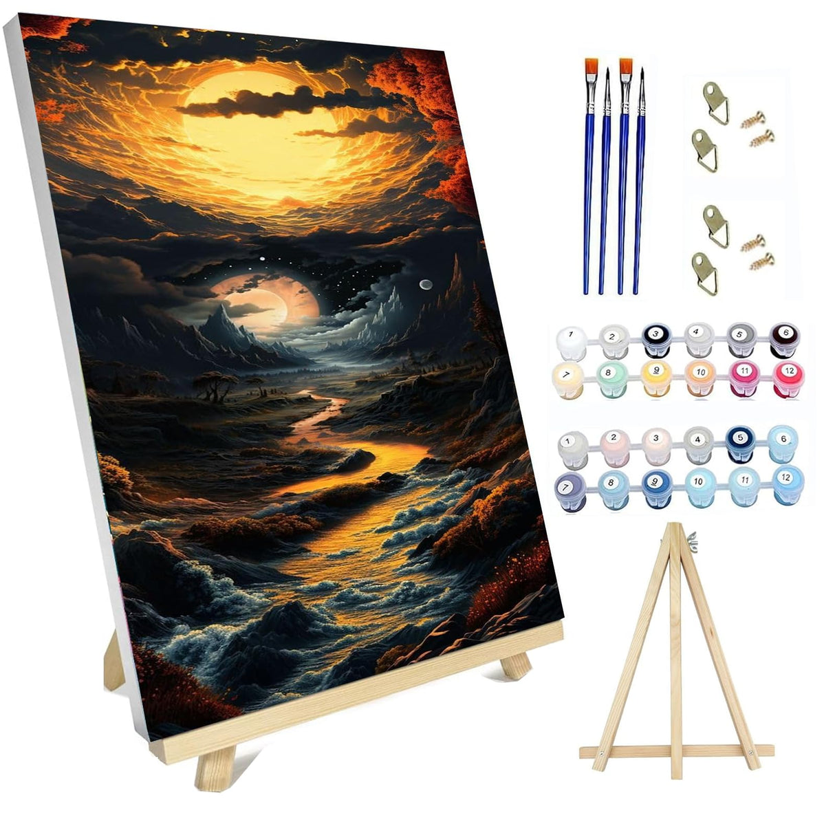 hyzsj Paint by Numbers Kit for Adults with Frame, Landscape Paint by Number Canvas, Mountain Paint by Numbers with Easel, DIY Moon Scenery Paint by Number Kits for Home Wall Decor（11.8x15.7inch hyzsj