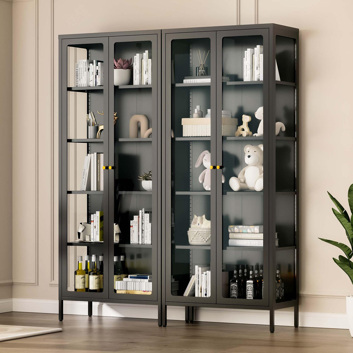 Desirable Life Display Cabinet with Glass Doors, Metal Storage Cabinet with 4 Adjustable Shelves, 5 Tier Curio Cabinet with LED Lights, 67” Tall Display Case for Collectibles, Black Desirable Life