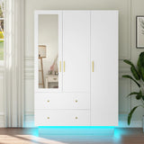 Hlivelood 3 Door Armoire Wardrobe Closet Cabinet with Mirror and LED Light, 2 Drawers, 3 Doors, Hanging Rod, Large Capacity Storage Wardrobe Armoire for Bedroom, White Hlivelood