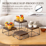 MyGift 6 Inch Square Burnt Brown Solid Wood and Matte Black Metal Wire Cupcake Dessert Risers, Tabletop Pizza Food Serving Stands for Home Retail Event, 4 Piece Set MyGift